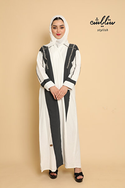 Stylish Linen wrap abaya in white and dark gray