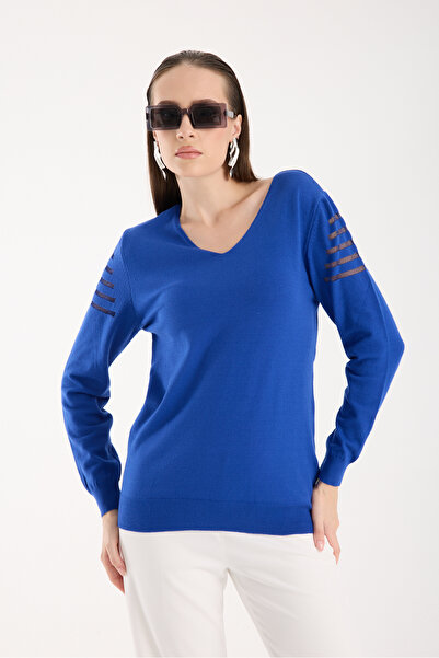 Clothes Fast Women's Cobalt Blue Silvery Fabric Detailed V-Neck Knitwear Blouse