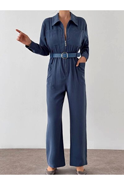 Coral Fermuarlı Kemerli Tulum 6043 Lacivert