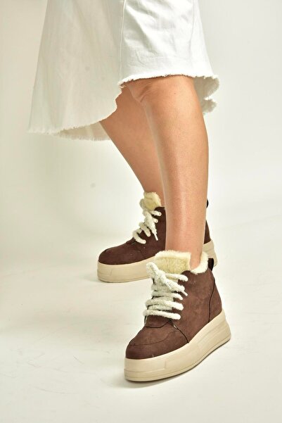 Fox Shoes V367343402 Brown Suede Thick Soled Women's Boots with Fur Inside