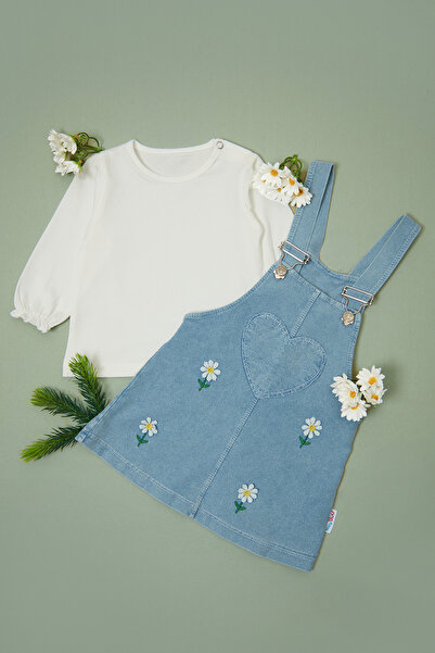 Fulla Moda 100% Cotton Daisy Embroidered Girls' 2-Piece Salopet Set