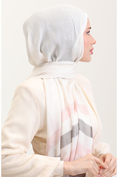 sefamerve Stripe Patterned Linen Shawl 70287-04 Brown Powder