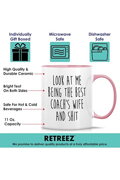 NASAQ Retreez Funny Mug for Coach's Wife - 11 oz Ceramic Coffee/Tea Mug, White with Pink Handle