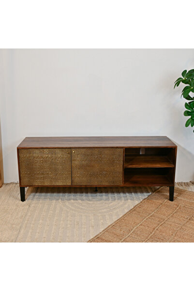 Crafted by Lifestyle Home Carving Wooden TV Cabinet with Metal Engraved Design - 150x40x56 cms