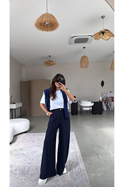 Buket Teke Navy Blue Zr Model Loose Fabric Trousers