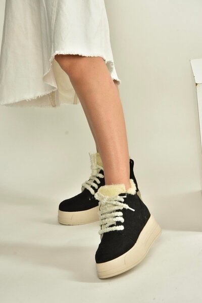 Fox Shoes V367343402 Black Suede Thick Soled Women's Boots with Fur Inside