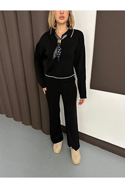 MODAMERSİ Women's Black Polo Neck Scarf with Shepherd Stitch Sweater Pants Knitwear Set