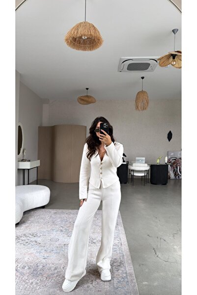 Buket Teke Stone Color Thessaloniki Knitwear Zr Model Cardigan Pants Set