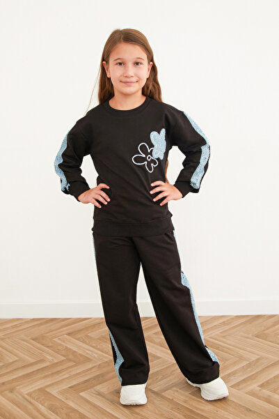 Fulla Moda Flower Embroidered Girl's Suit with Sequins on the Sides