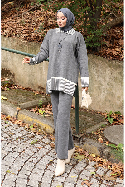 sefamerve Knitted striped detail tunic and pants two-piece set 1066-06 grey