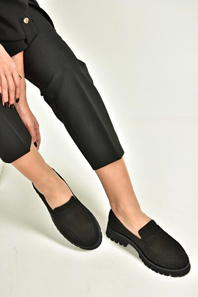 Fox Shoes V944086101 Black Genuine Leather Nubuck Thick Soled Loafer Shoes