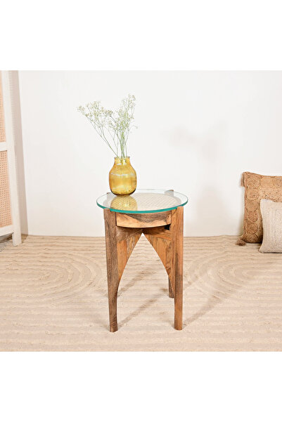 Crafted by Lifestyle Home Carving Glass Top Accent Table - 55x40x55 cms