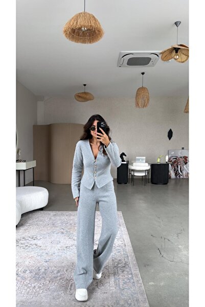 Buket Teke Light Gray Thessaloniki Knitwear Zr Model Cardigan Pants Set