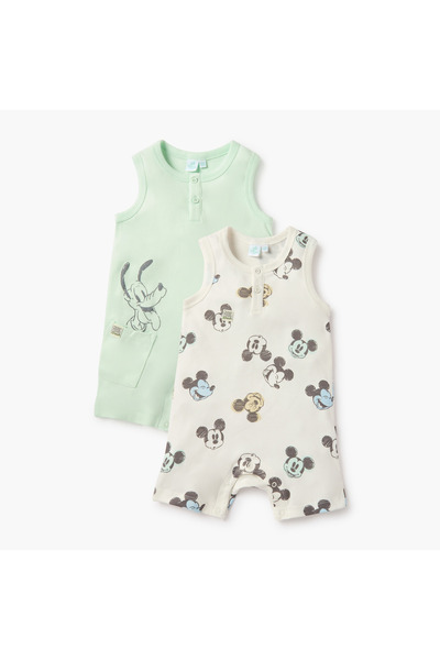Disney Mickey Mouse Print Sleeveless Romper with Snap Button Closure - Set of 2
