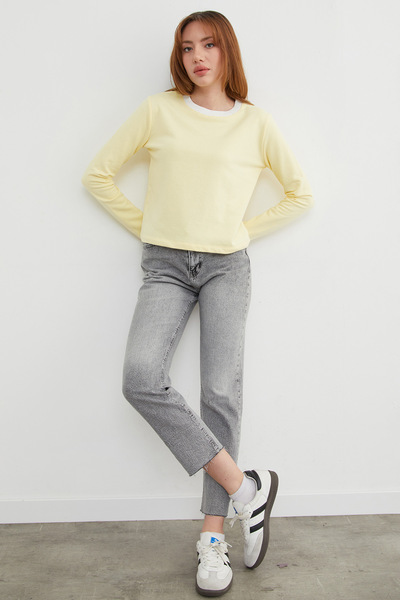 Fulla Moda 3 Thread Ribbed Sweatshirt with Ribbed Neckline