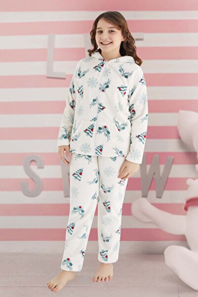 Aydoğan Girl's Patterned Fleece Pajama Set 240527 Ecru