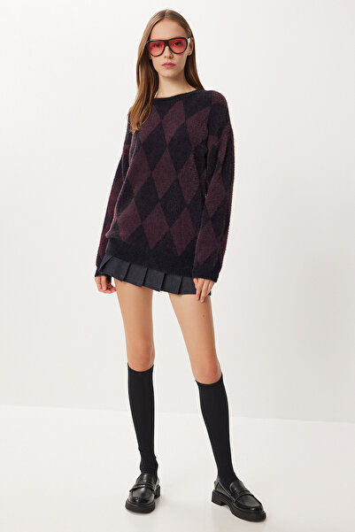 Lovelyİstanbul Baklava Desenli Tüylü Efektli Yumoş Kazak LFN0127 SİYAH MOR