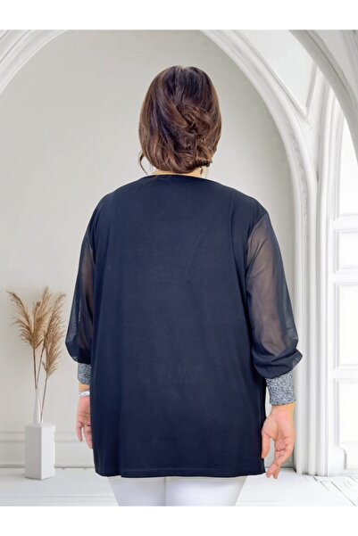 yagmurberen Silvery Sleeves on the Neck and Sleeves Chiffon Mini Slit V-Neck Plus Size Blouse