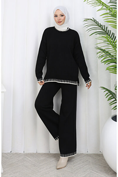 sefamerve Knitwear Eyelash Detailed Sweater Trousers Double Suit 0015-01 Black