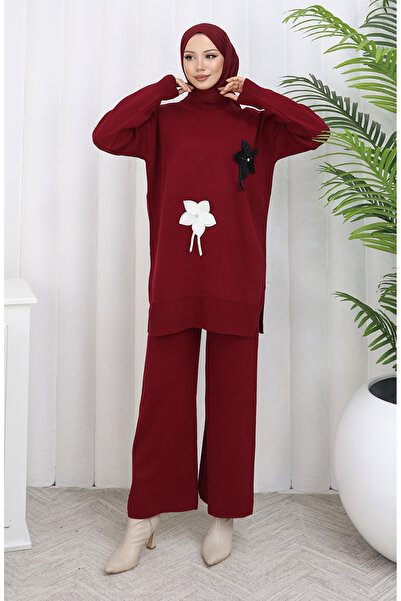sefamerve Knitwear Floral Tunic Trousers Double Set 1077-06 Claret Red