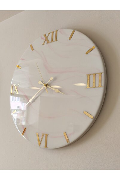 Simeranya Dekor Beyaz & Pembe Detay – 50 cm – Epoksi Kaplama Duvar Saati