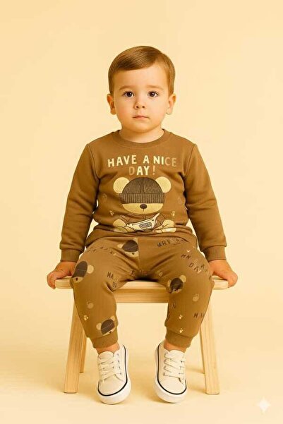 Hümazade Brown Teddy Bear 1-2-3 Years Old Children's Top and Bottom Set Pajam...