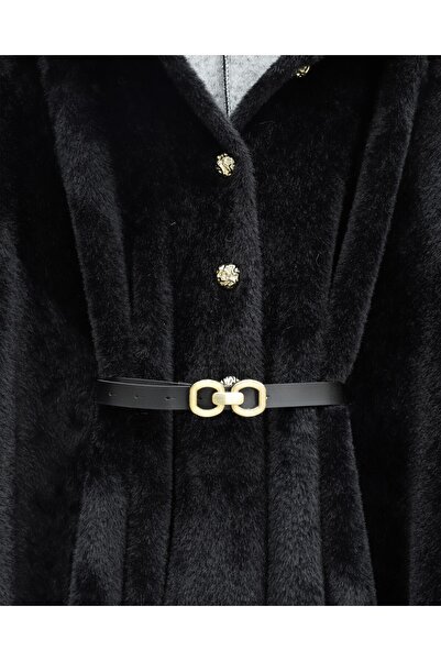 Modamorfo Gold Button Detail Belted Alcantara Poncho -Black