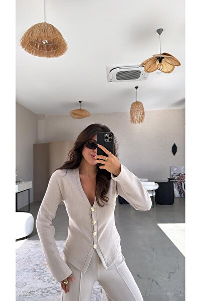 Buket Teke Bézs színű Selanik Triko ZR modell Kardigán nadrág szett