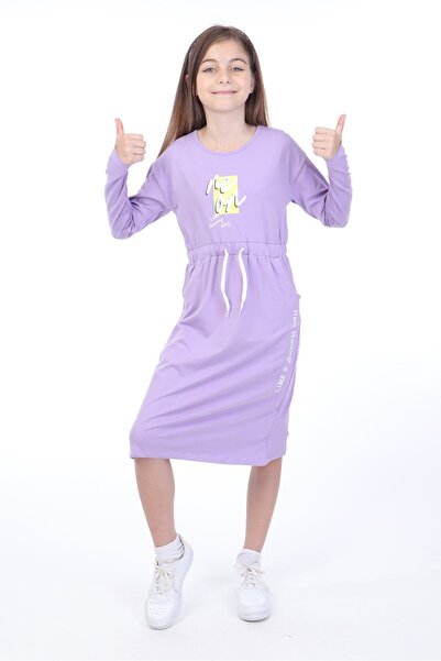 Toontoy فستان بناتي مطبوع ذو قصة مريحة وياقة دائرية وأكمام طويلة وأربطة