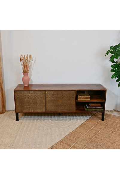 Crafted by Lifestyle Home Carving Wooden TV Cabinet with Metal Engraved Design - 150x40x56 cms