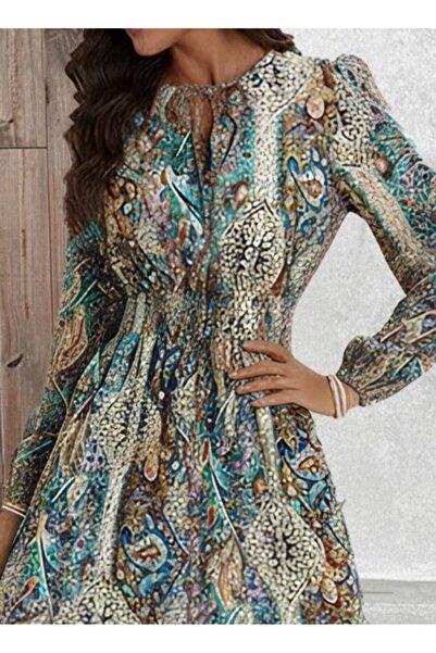 JANES Γυναικείο μακρυμάνικο φόρεμα με μοτίβο με ελαστική μέση με κορδόνια Uak...