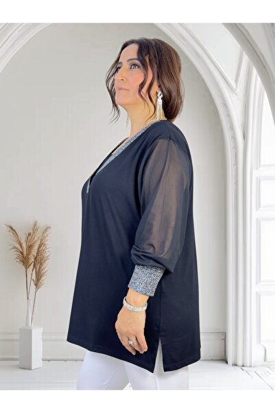 yagmurberen Silvery Sleeves on the Neck and Sleeves Chiffon Mini Slit V-Neck Plus Size Blouse