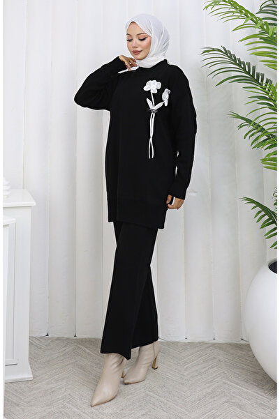 sefamerve Πλεκτό Παντελόνι Τουνίκ με λεπτομέρεια λουλουδιών Διπλό Σετ 1037-06 Μαύρο