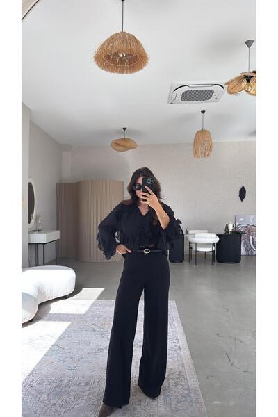 Buket Teke Black Premium Wide-Leg Fabric Trousers with Self-Belt