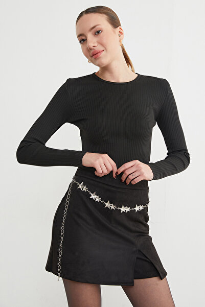 Fulla Moda Corded Fabric Crew Neck Thin Knit Sweater