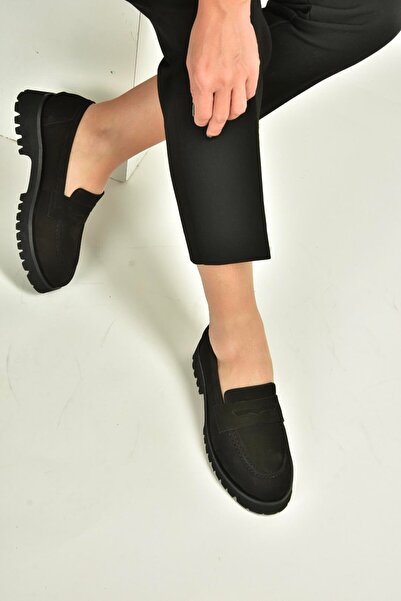 Fox Shoes V944086101 Black Genuine Leather Nubuck Thick Soled Loafer Shoes