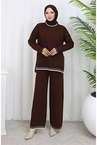 sefamerve Knitted eyelash detailed sweater pants double set 0015-07 brown