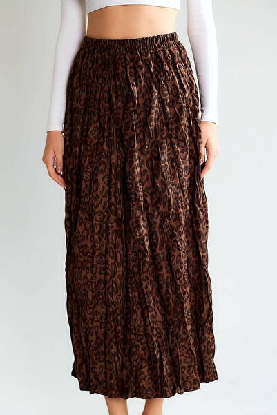 cemo Women's Leopard Print Elastic Waist Gathered Satin Midi Skirt Long Length Stylish Skirt