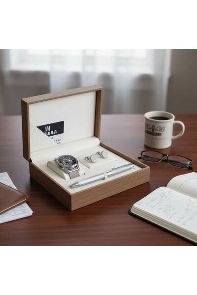 GLAMORA Men's set: waterproof watch with cufflinks, pen, and luxury box