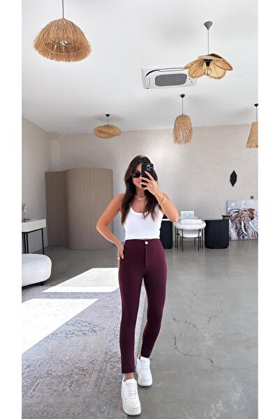 Buket Teke Burgundy Buttoned Steel Leggings Pants