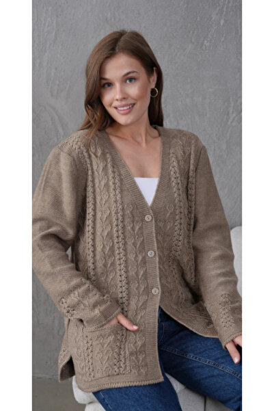 Elçelya Moda Women's Mother Plus Size Chain Flower Motif Buttoned Cardigan