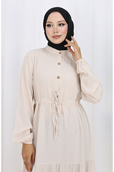 sefamerve Viscose Fabric Half Button Dress 0085-19 Beige