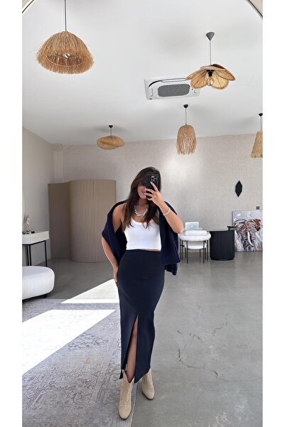 Buket Teke Navy Blue Front Slit Steel Skirt
