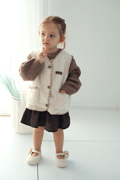 Mumenim Plush Textured Cotton Unisex Baby Beige Vest |   Warm, Buttoned Casual & Stylish Winter Children's Vest