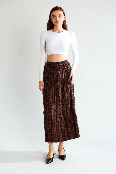 cemo Women's Leopard Print Elastic Waist Gathered Satin Midi Skirt Long Length Stylish Skirt