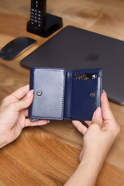 V LEATHER ATELİER Premium Automatic Mechanism Leather Wallet Rfid Protected Special Boxed Shipping Navy Blue