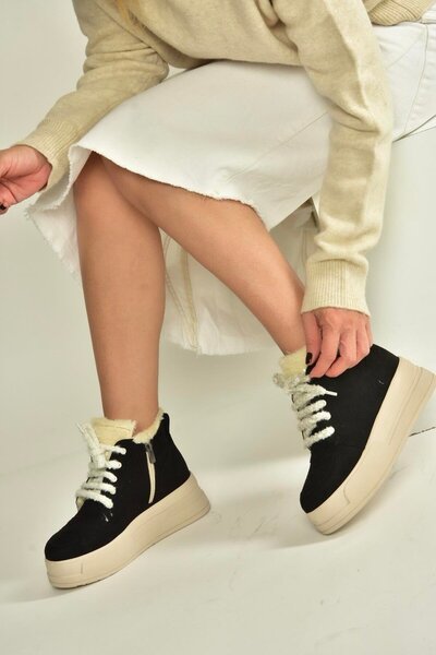 Fox Shoes V367343402 Black Suede Thick Soled Women's Boots with Fur Inside