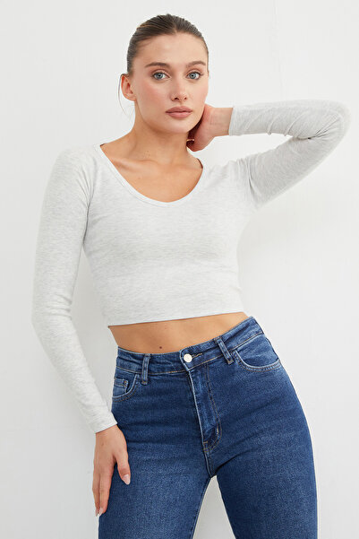 Fulla Moda V-Neck Long Sleeve Crop Blouse