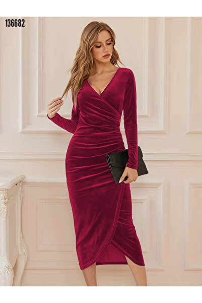 moda wanilia Women's Gathered Waist Long Sleeve Double-Breasted Velvet Dress