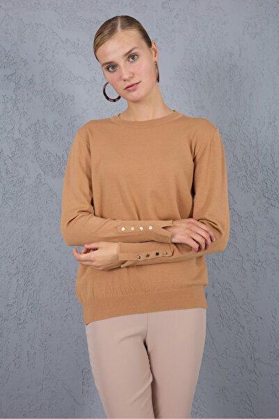 Moda Days Bluză de tricotat guler rotund cu mâneci snap pentru femei, bej